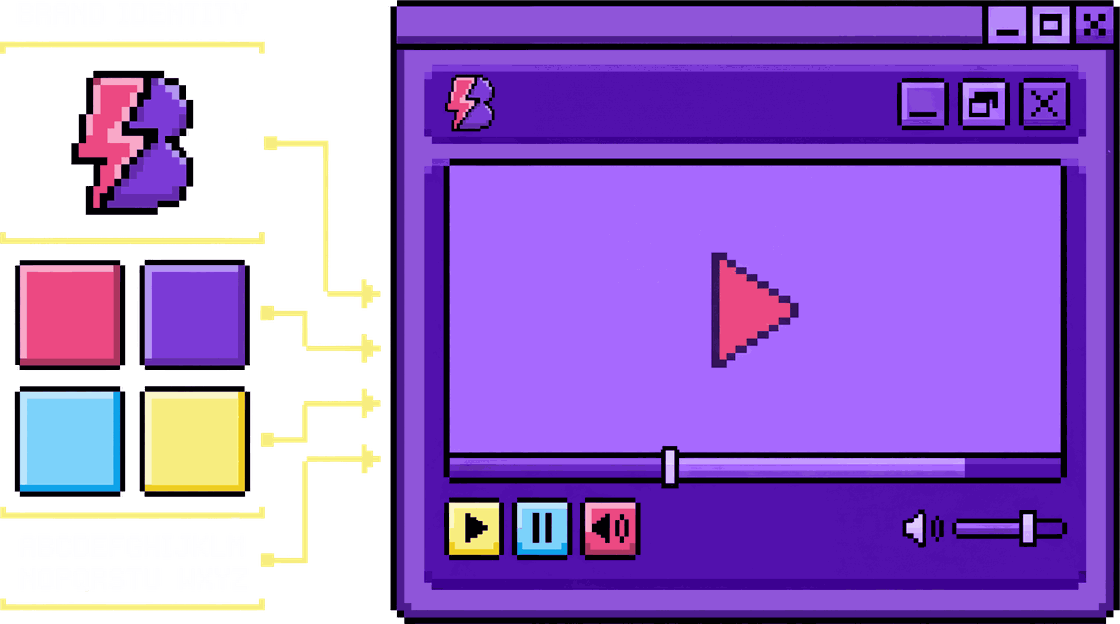 Pixel diagram: a brand logo, colour swatches and typeface applied to a skinned Wolvy player window